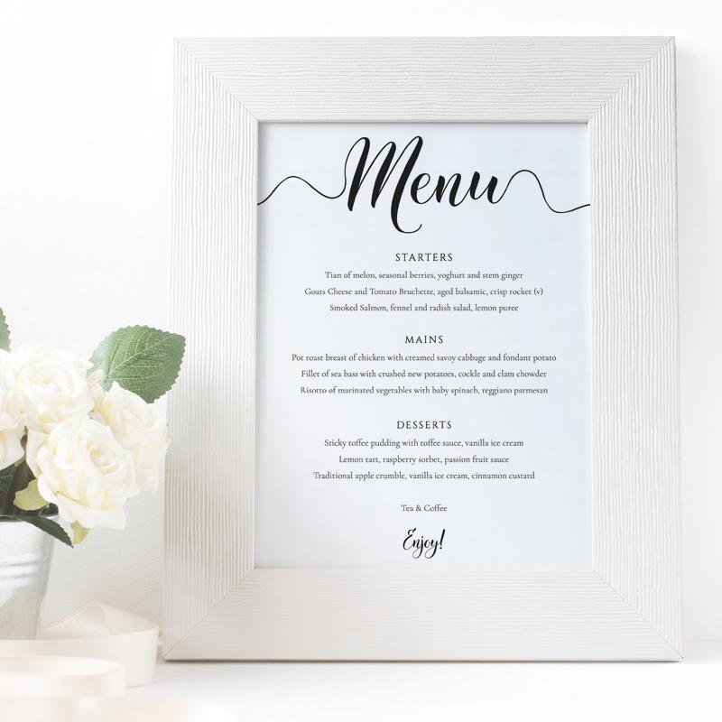 Printed wedding menu template in a white 5x7 picture frame
