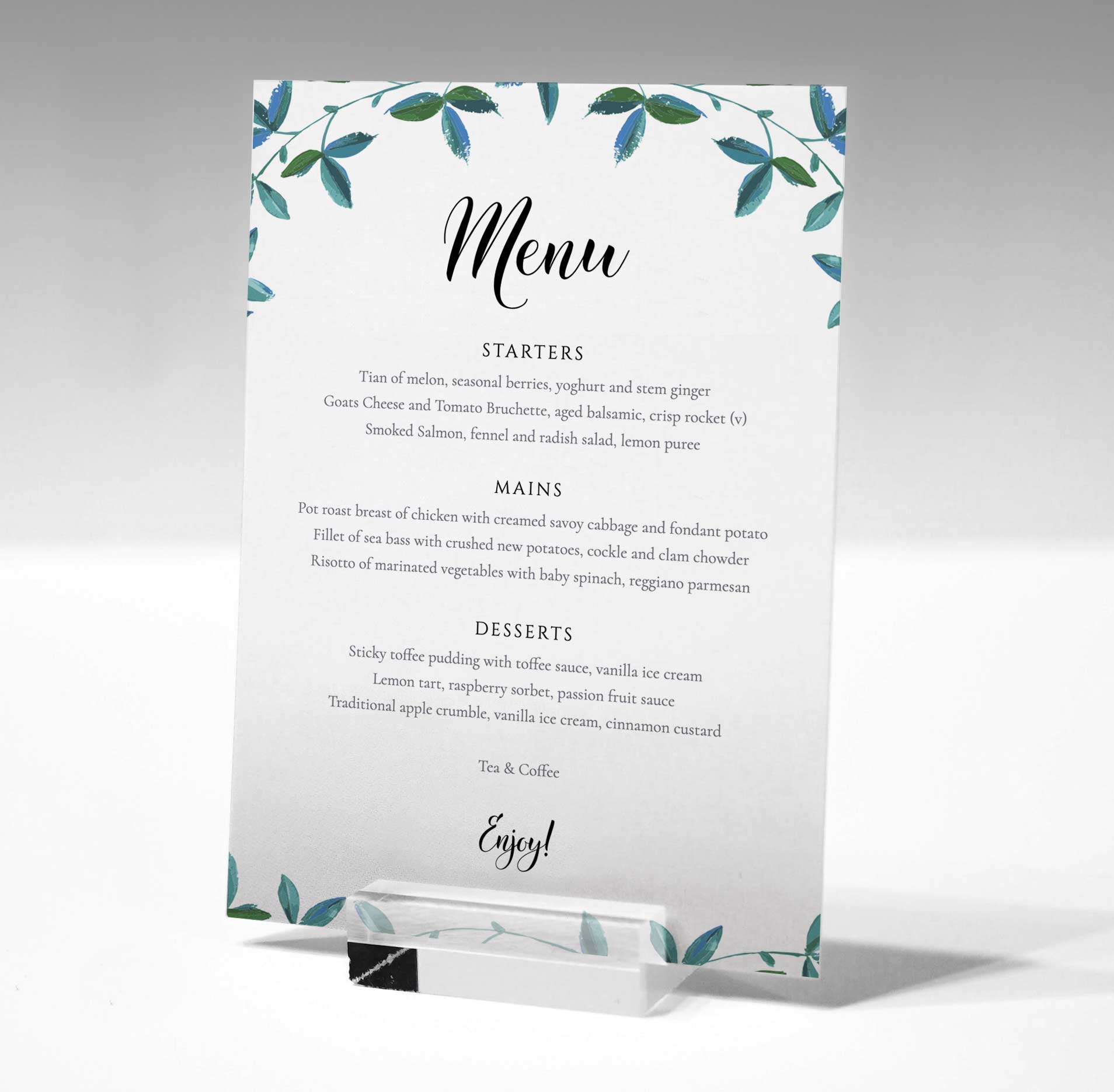 5x7 eucalyptus table menu in a glass stand