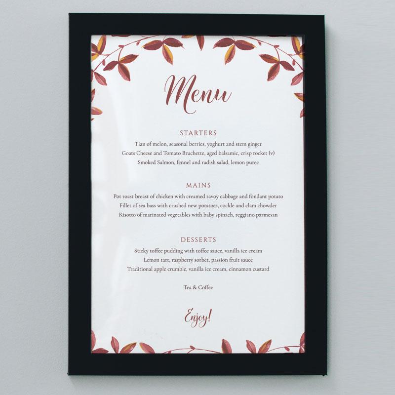 Printed 5x7 fall season wedding menu framed