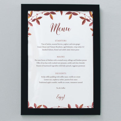 Printed 5x7 fall season wedding menu framed
