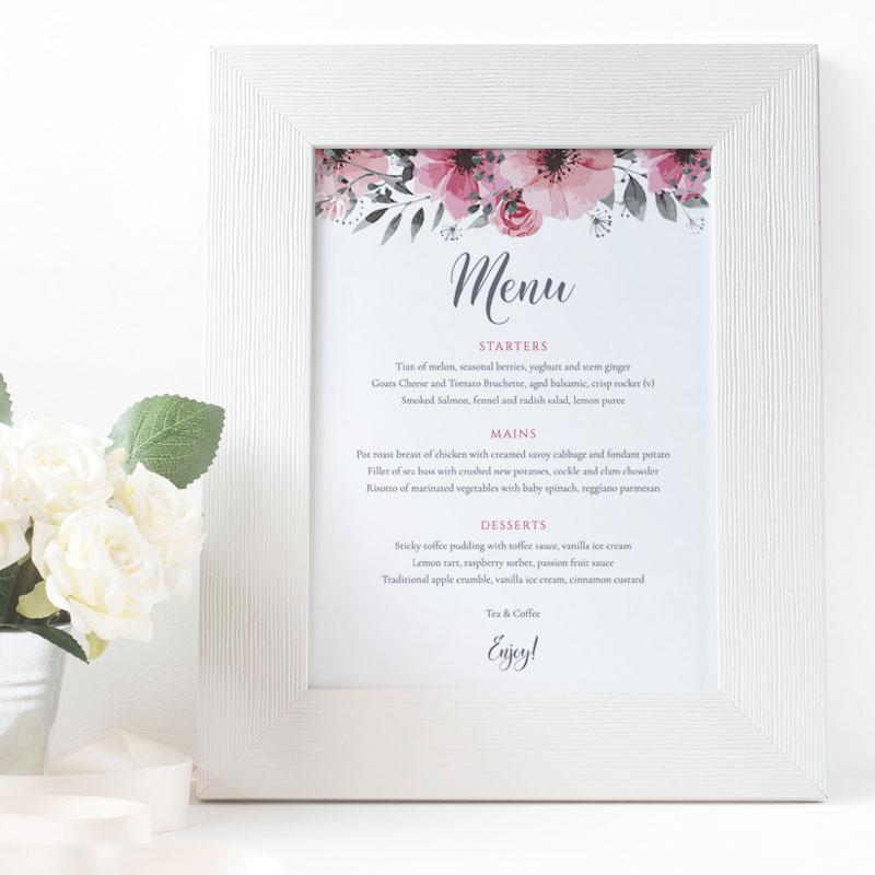 Starters, Main & Desserts listed on wedding menu card