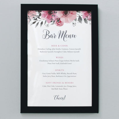 framed print of floral bar menu listing hot and cold drinks