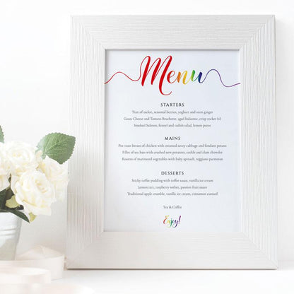 printed rainbow wedding menu in a white frame