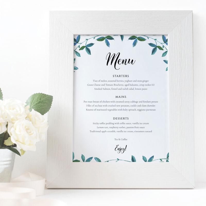 5x7 green foliage menu in a white picture frame