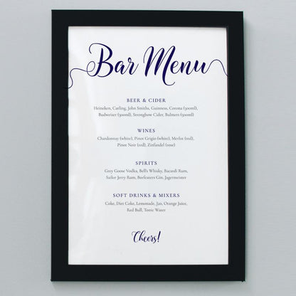 large navy bar menu framed print