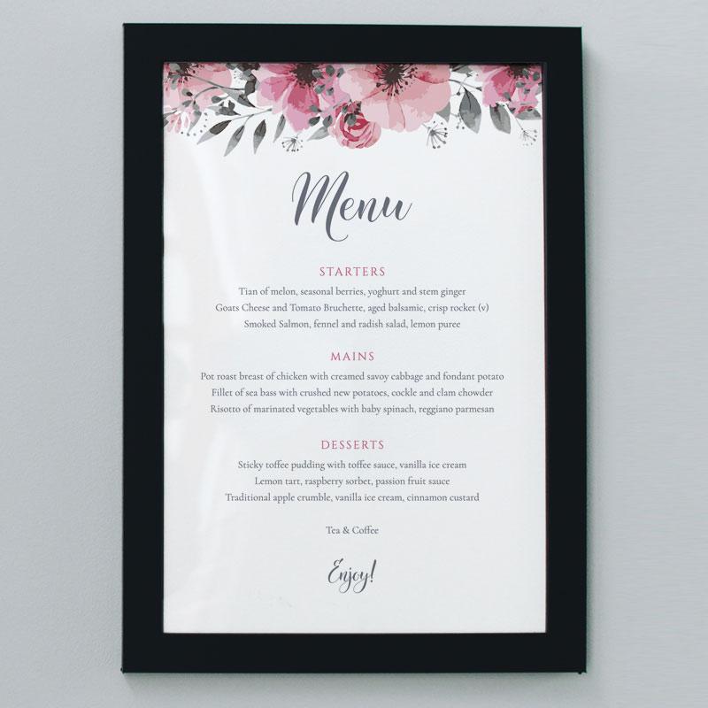 framed print of wedding menu with editable text