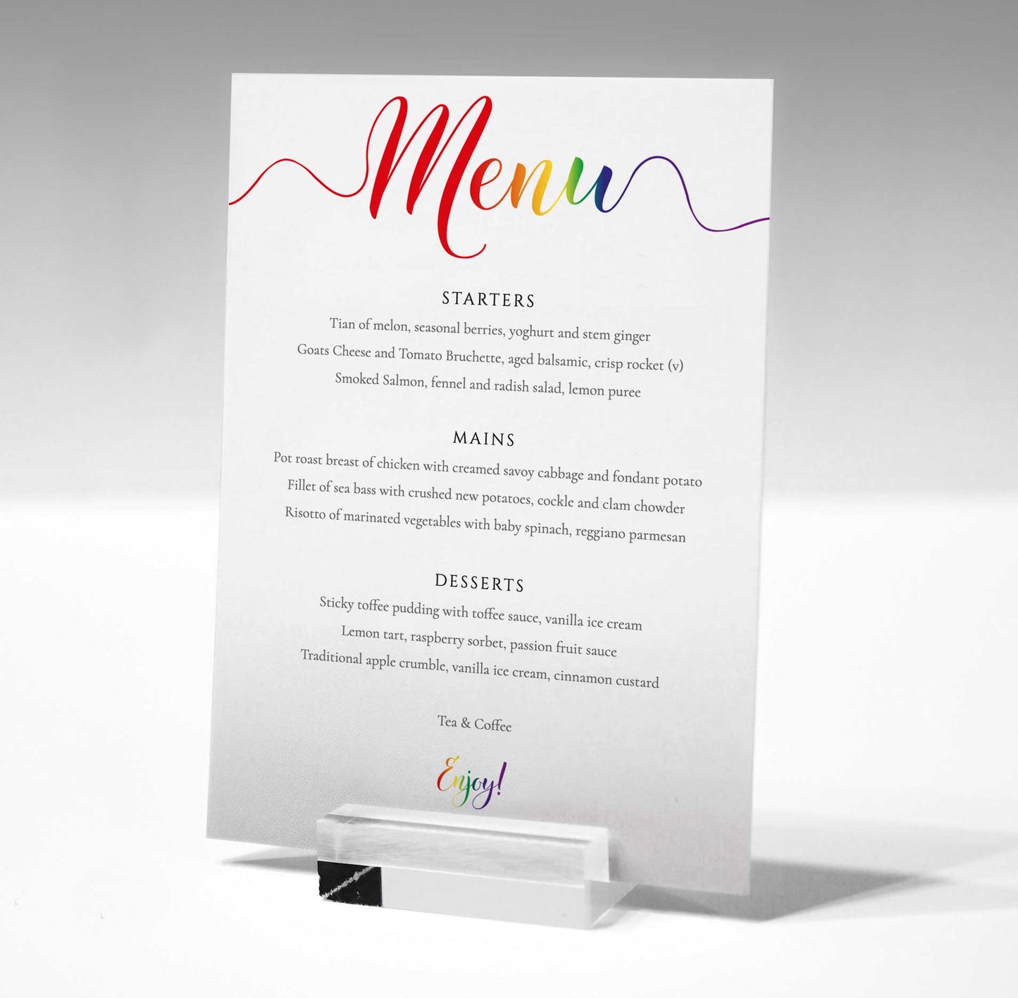 printable pride rainbow menu card in a glass stand