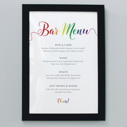 framed pride rainbow drinks menu at a lesbian wedding