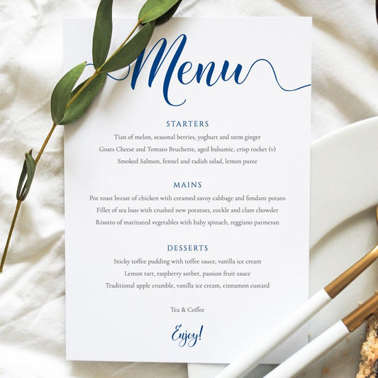 5x7 royal blue menu card on a wedding table