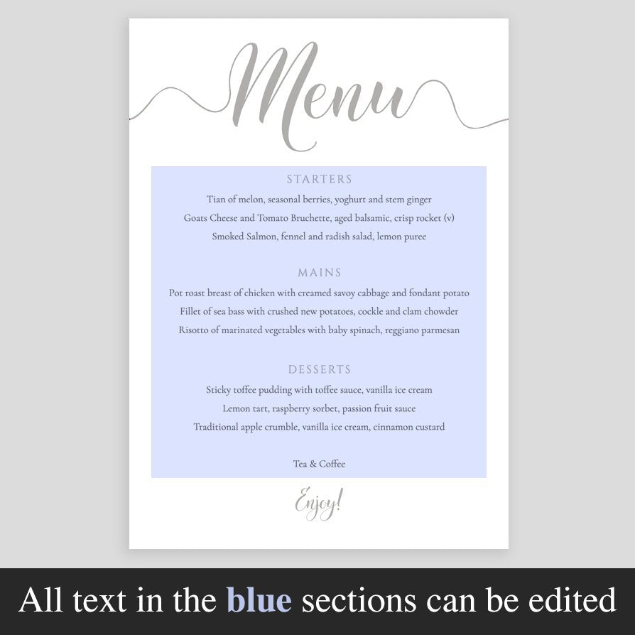5x7 silver wedding menu template with editable area highlighted