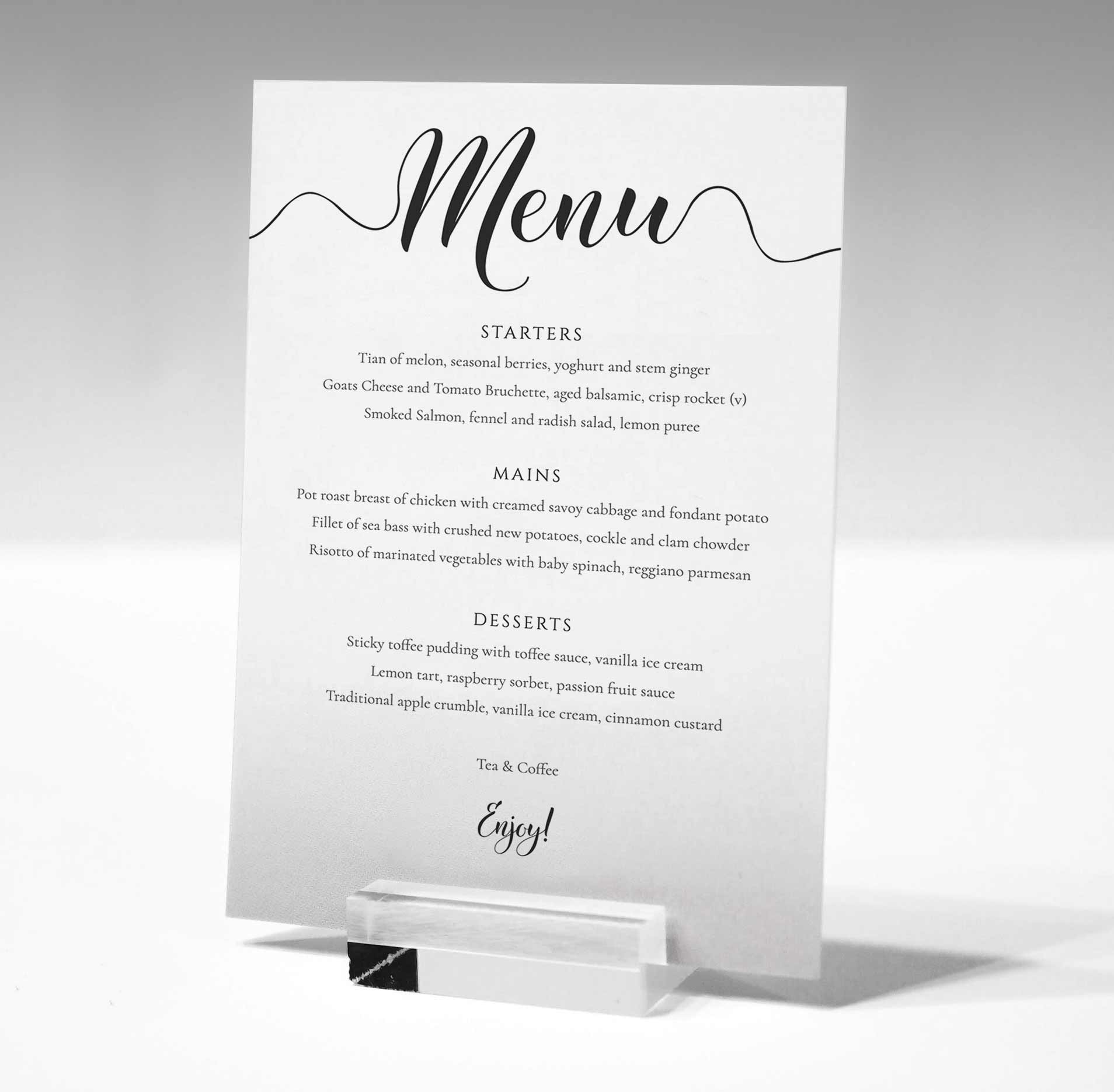 Editable 3 course Wedding Menu, printed on white card in a clear glass stand