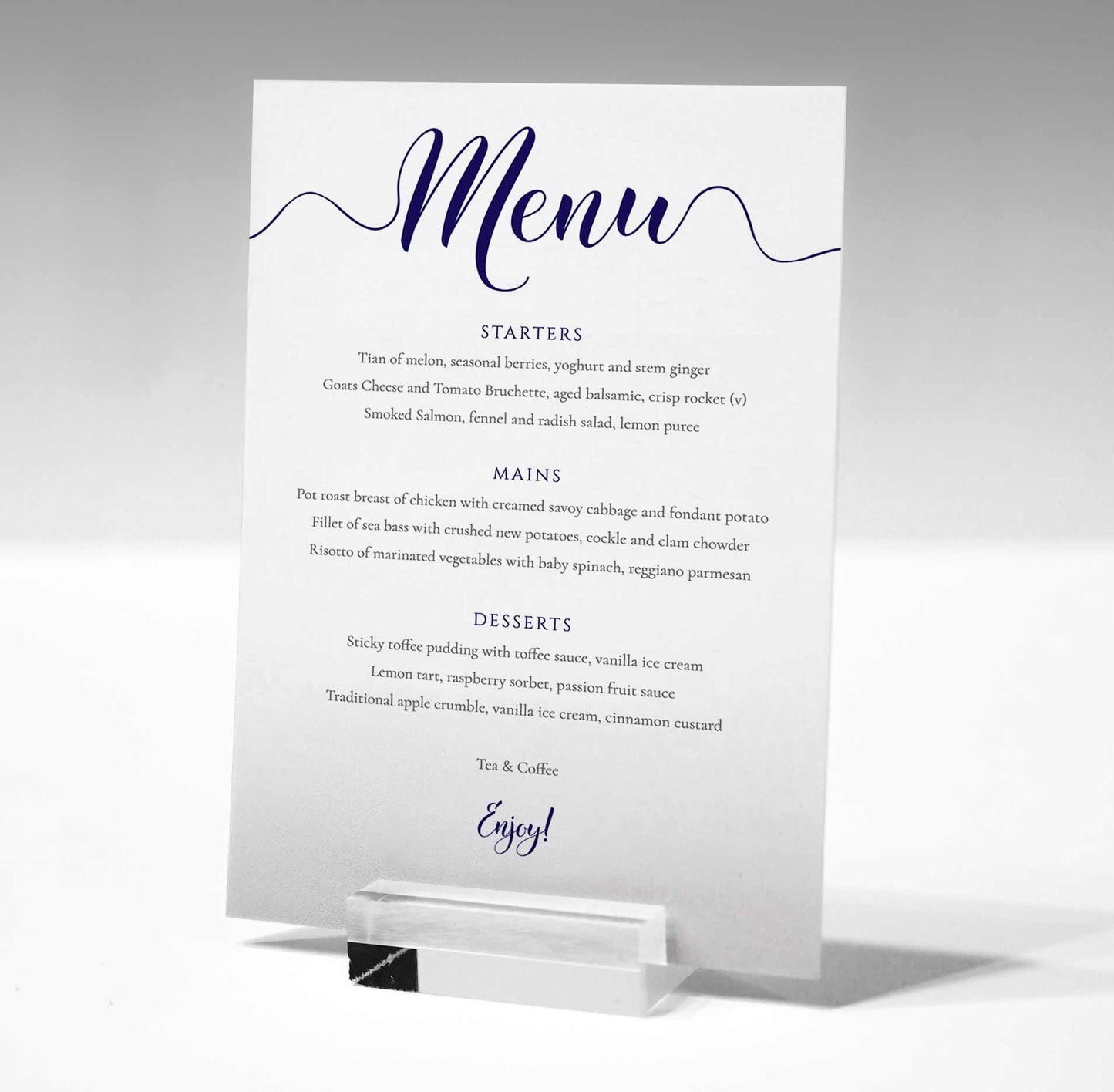 printable navy menu card in a glass stand