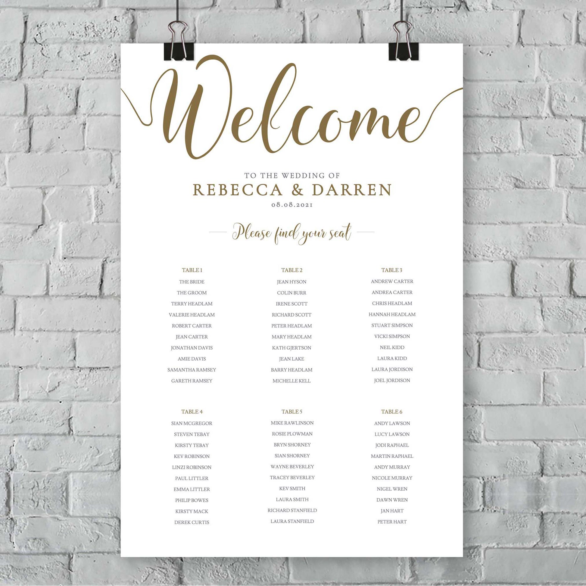 6 table seating chart template in gold