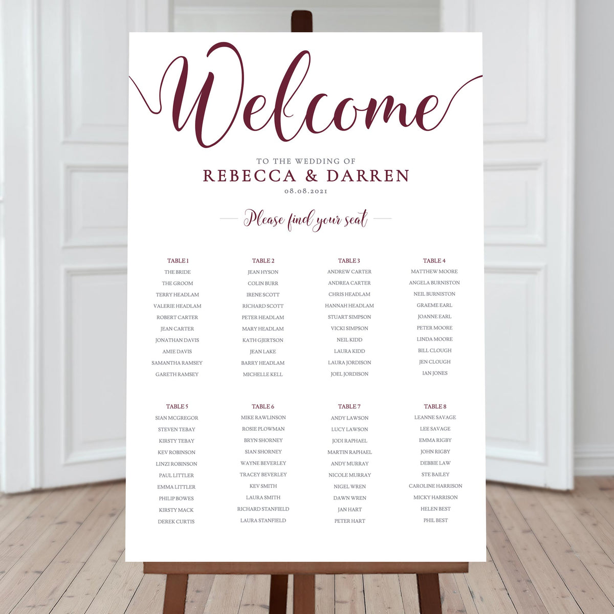 8 table burgundy seating chart