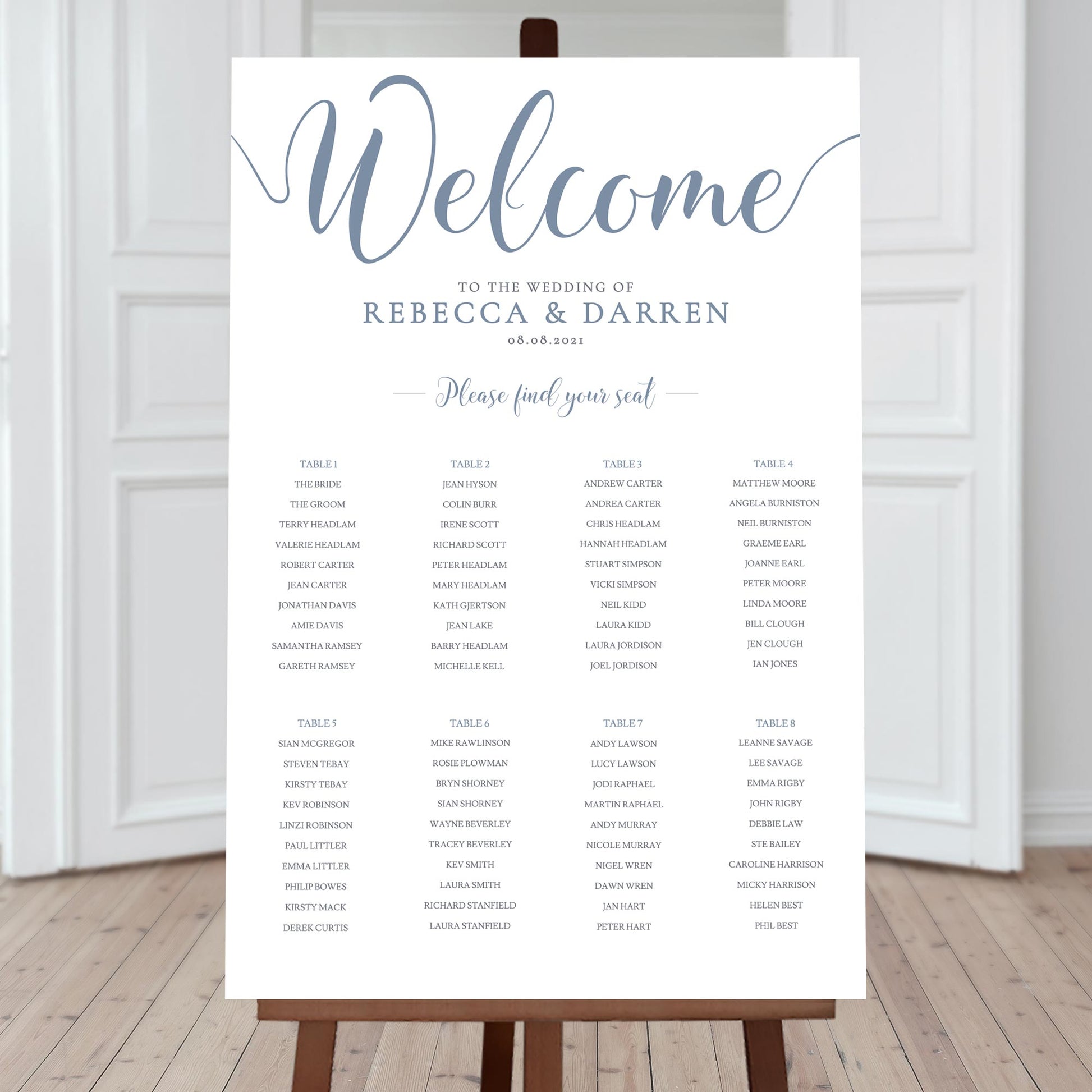 8 table editable seating chart in dusty blue