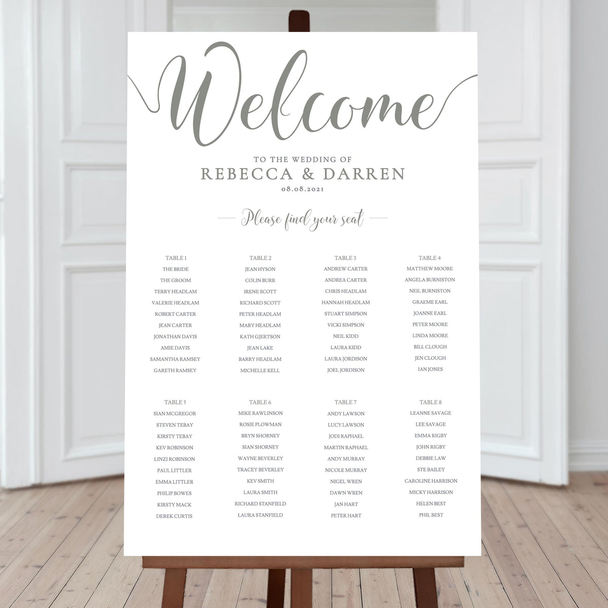 8 table seating plan in olive green