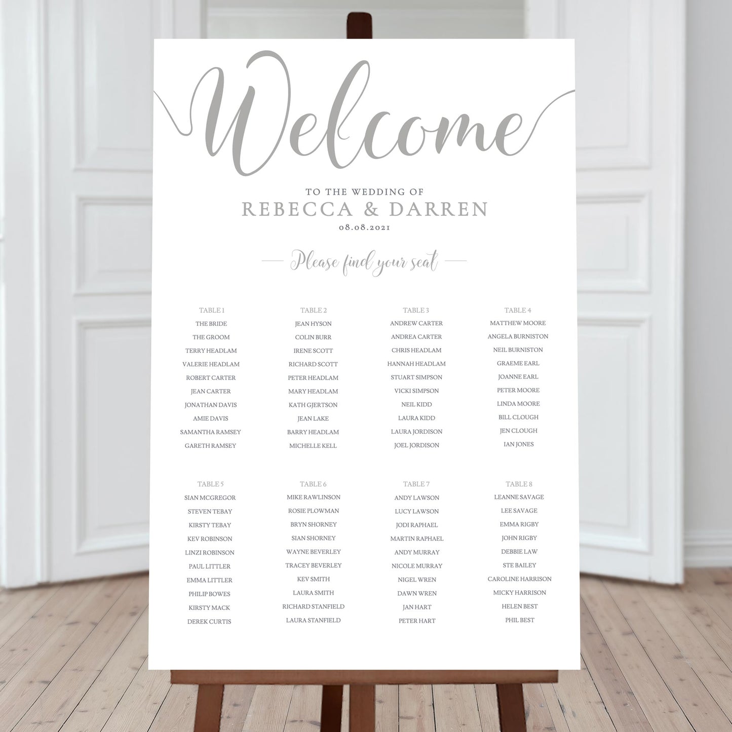 8 table wedding seating plan in silver