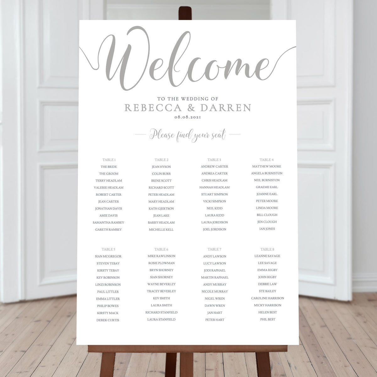 8 table wedding seating plan in silver