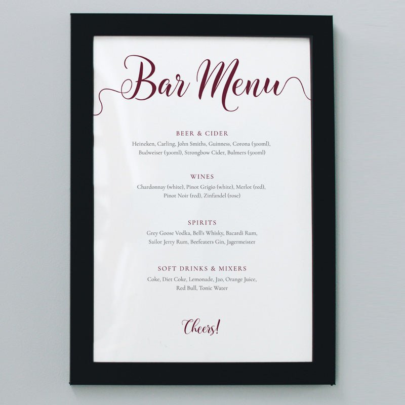 8x10 burgundy wedding bar menu in a black frame