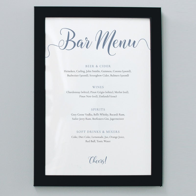 8x10 dusty blue wedding bar menu in a black frame