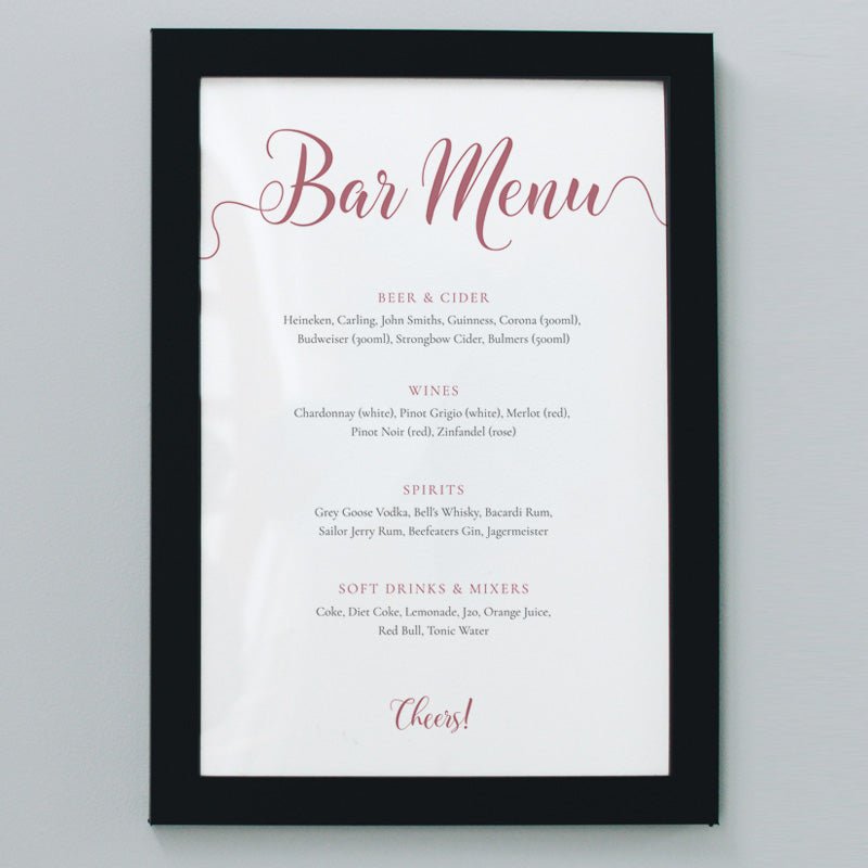 8x10 dusty pink wedding bar menu in a black frame