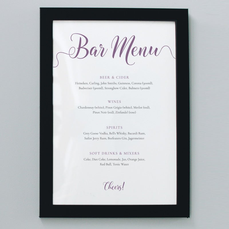 8x10 orchid purple wedding bar menu in a black frame