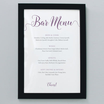 8x10 orchid purple wedding bar menu in a black frame