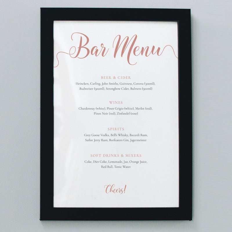 8x10 rose gold wedding bar menu in a black frame