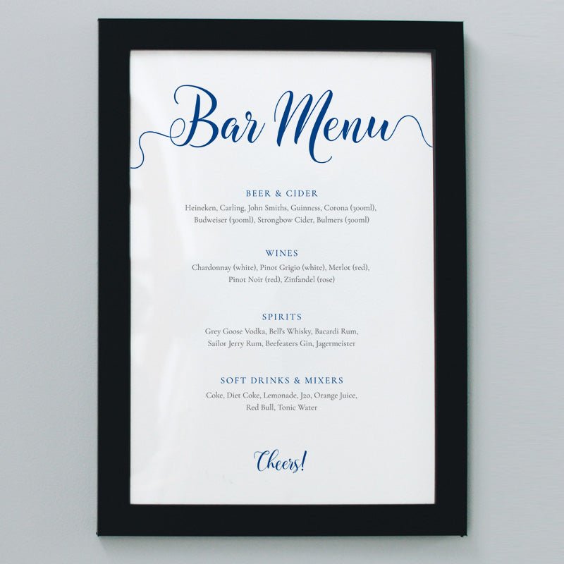 8x10 royal blue wedding bar menu in a black frame