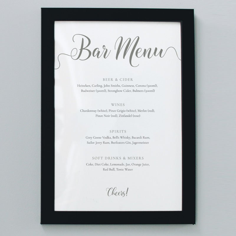 8x10 sage green wedding bar menu in a black frame
