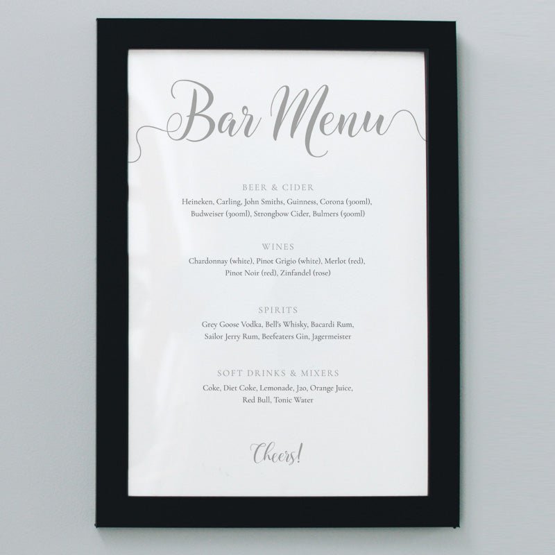 8x10 silver wedding bar menu in a black frame