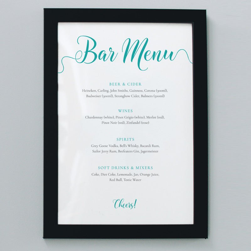 8x10 turquoise wedding bar menu in a black frame