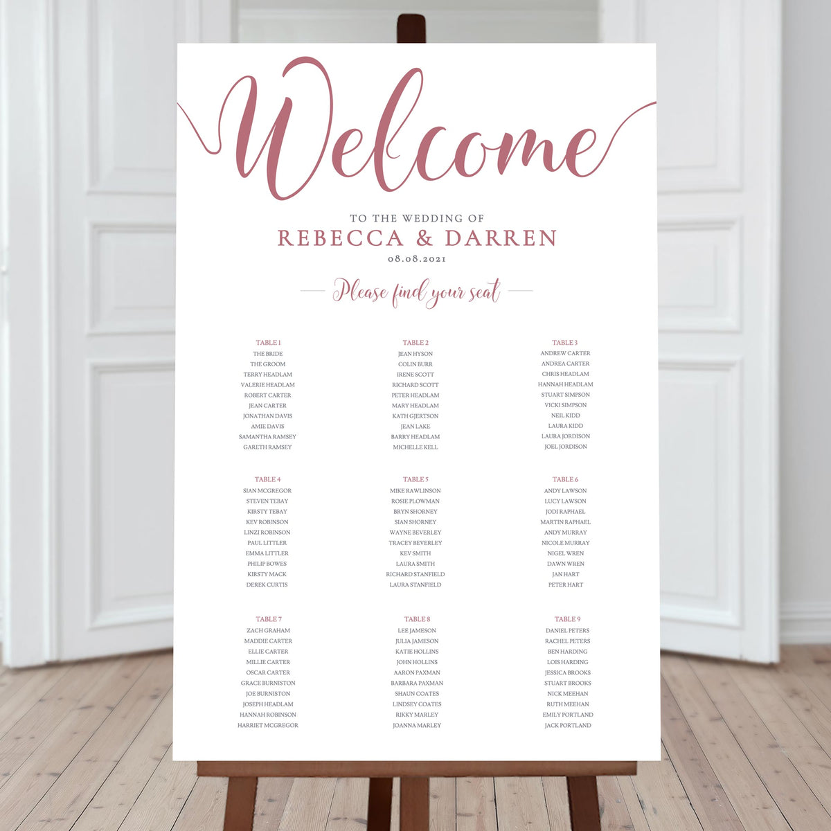 9 table pink wedding table plan