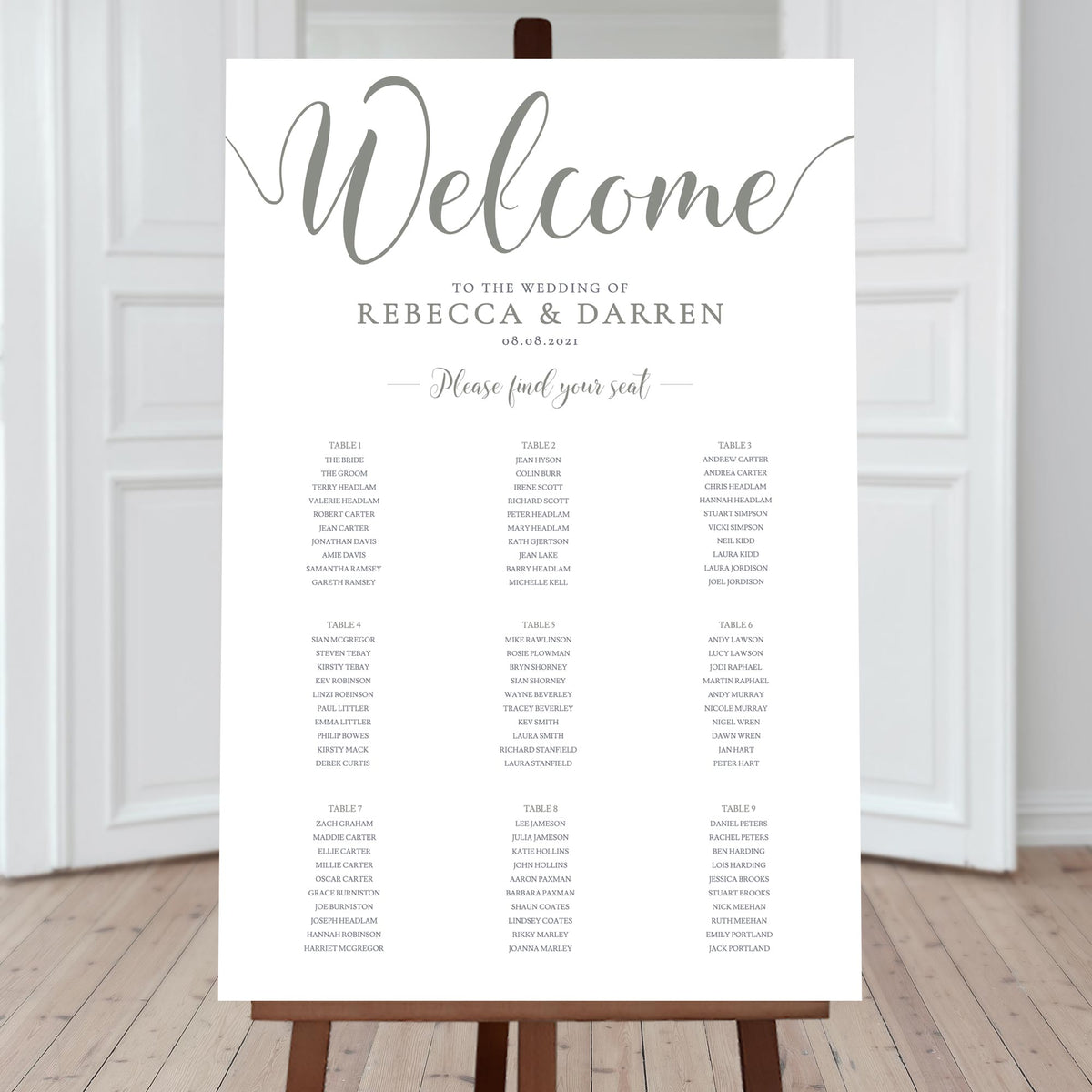 9 table seating chart laurel green