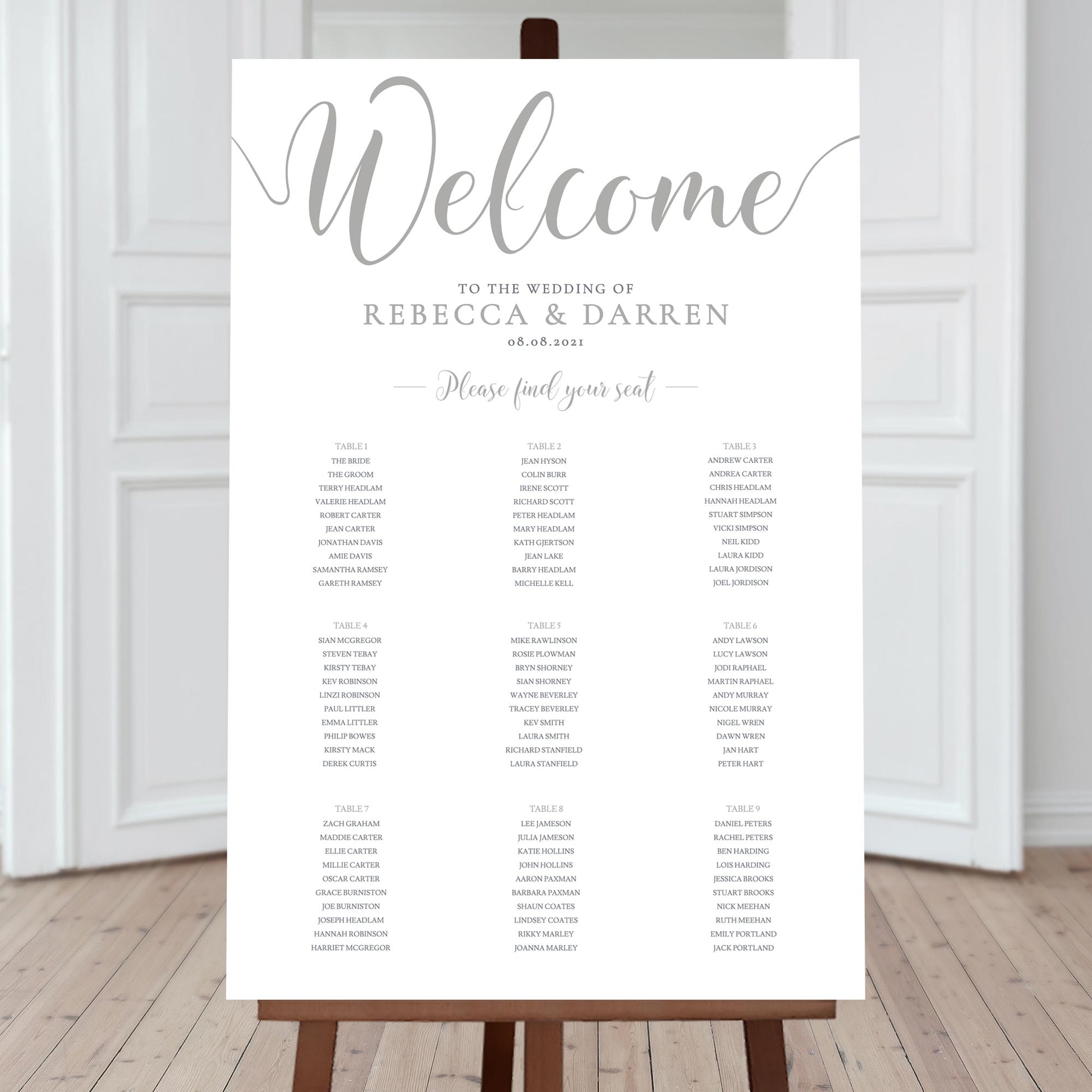 9 table silver seating chart at wedding reception