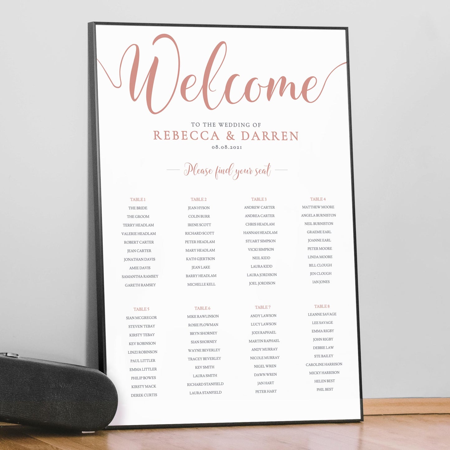 A1 rose gold seating plan in a large black frame