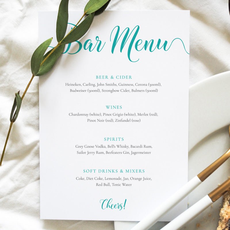 A4 aqua green blue wedding bar menu card