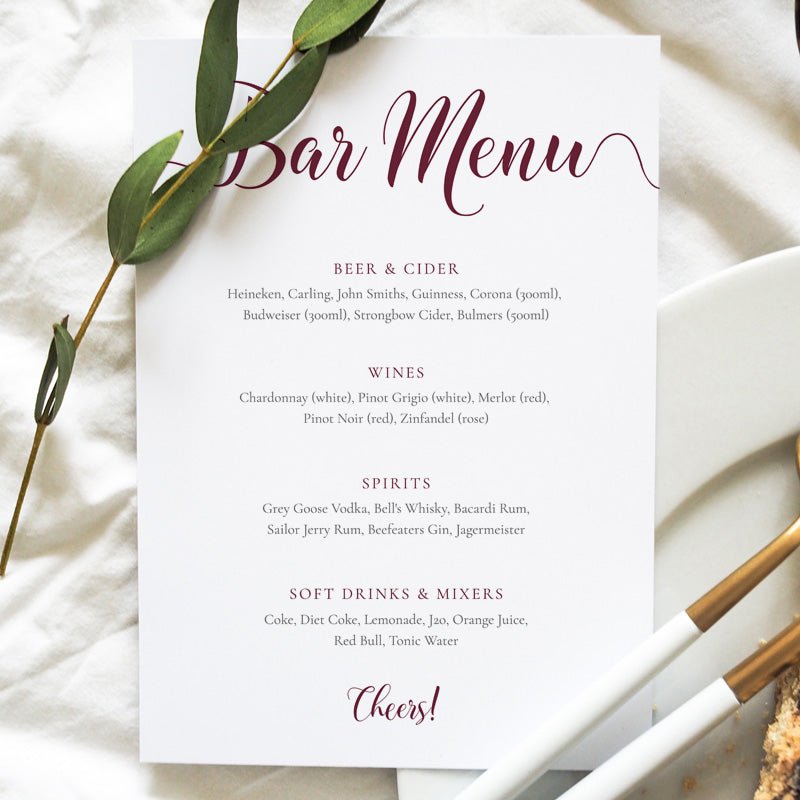 A4 auburn wedding bar menu card