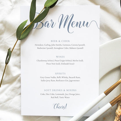 A4 baby blue wedding bar menu card