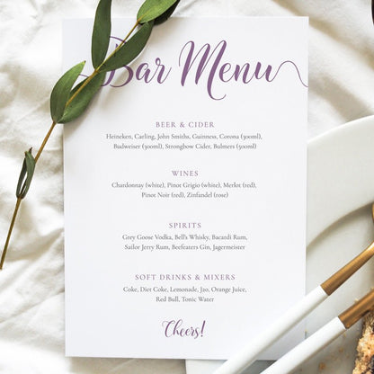 A4 lilac purple wedding bar menu card