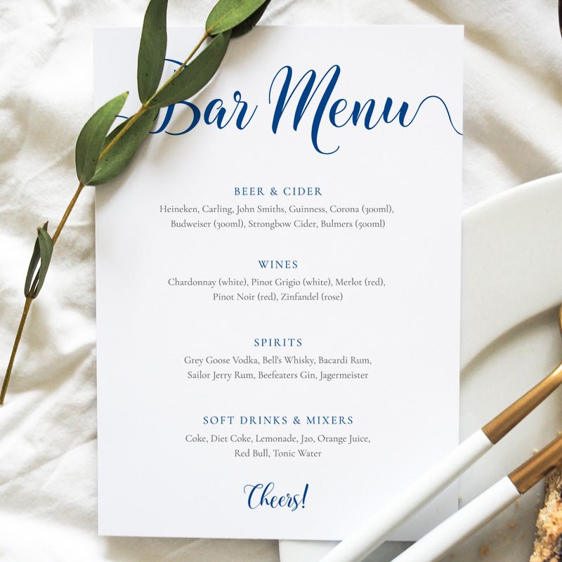 A4 sapphire blue wedding bar menu card
