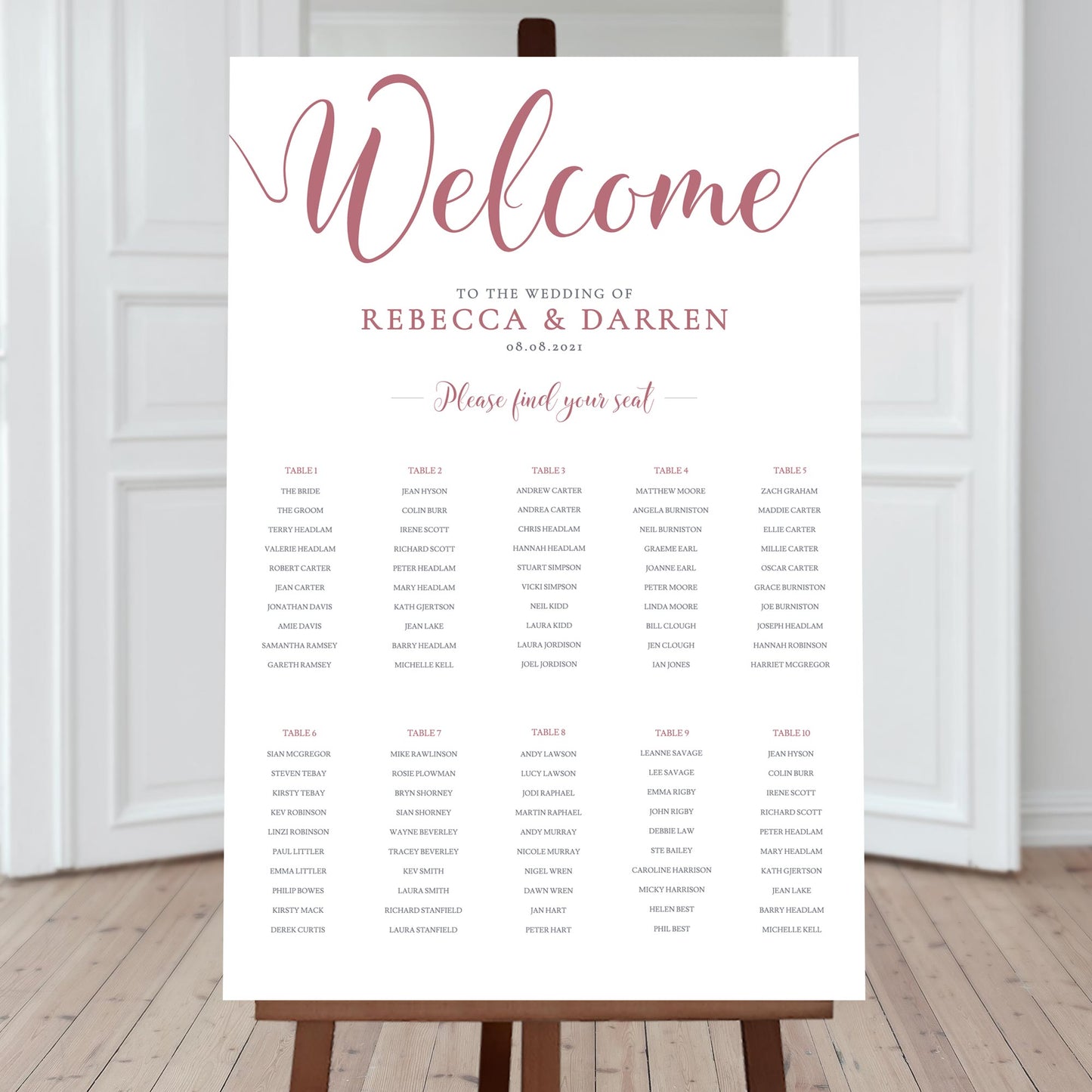 Flamingo pink wedding seating chart with 10 tables