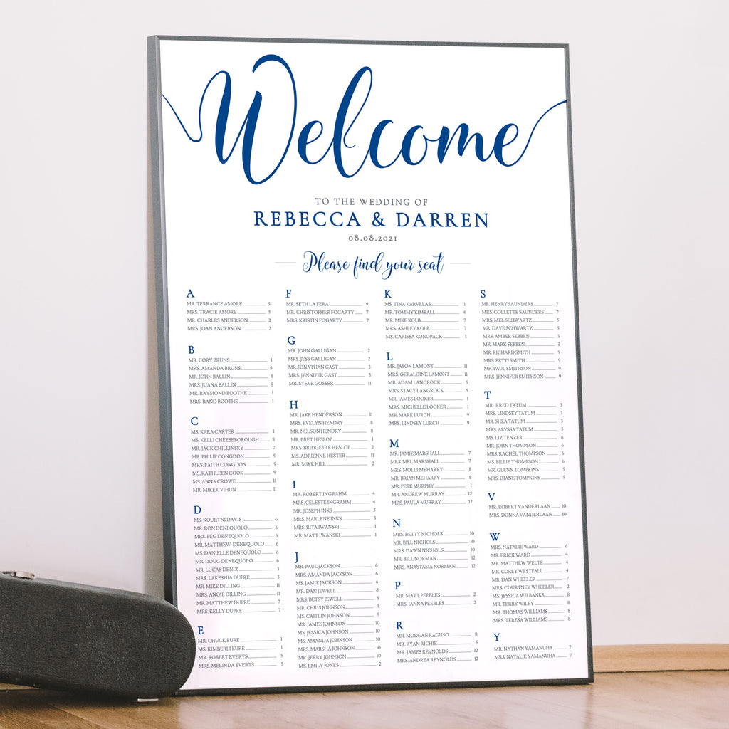 Large framed royal blue table plan printed