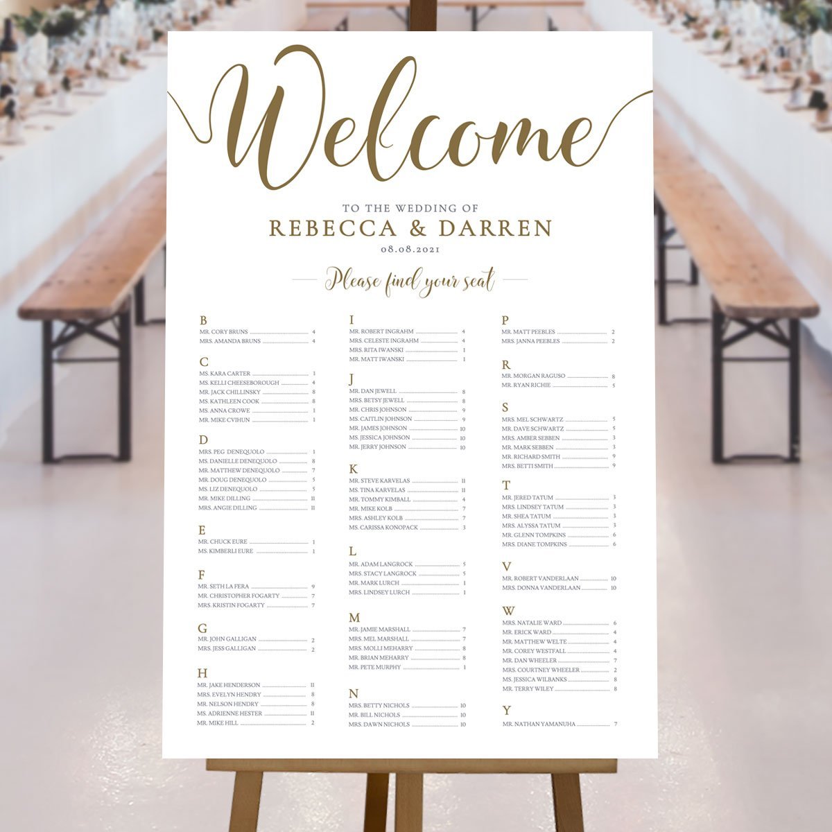 Gold Seating Chart Template in Alphabetical Order