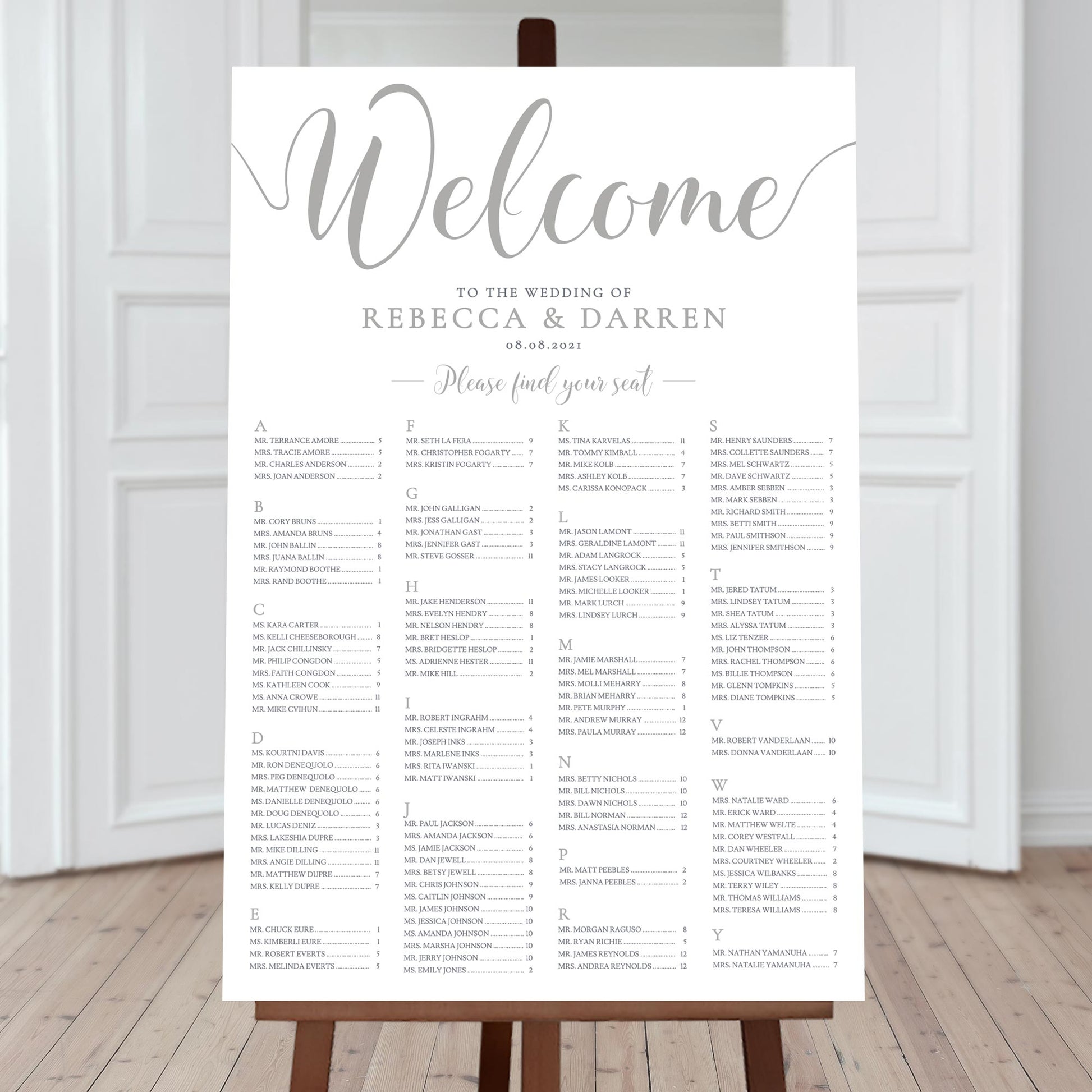 alphabetical silver seating chart 170 guests