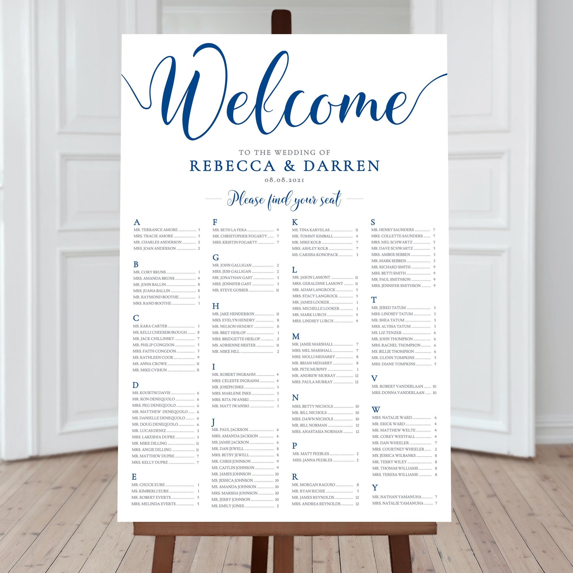 alphabetical royal blue table chart 180 guests