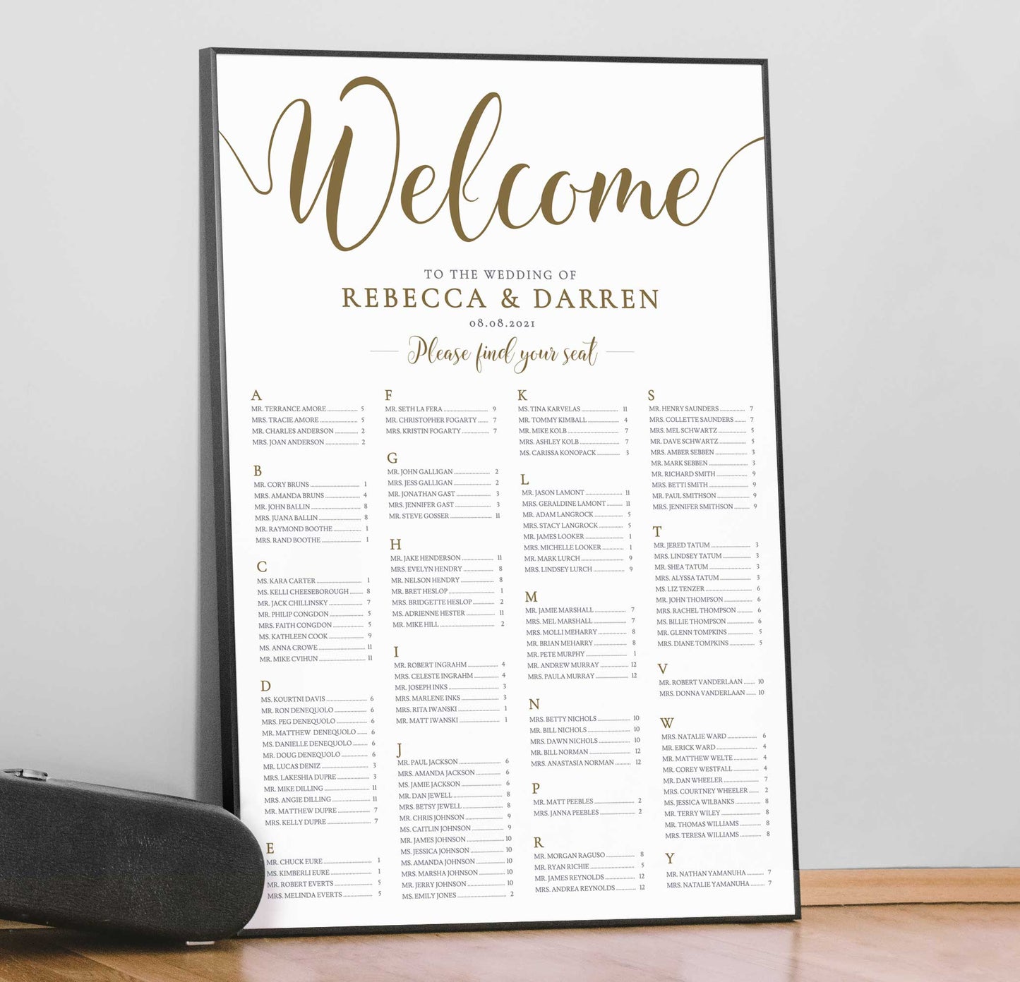Gold Wedding Seating Chart with 200 guests framed print