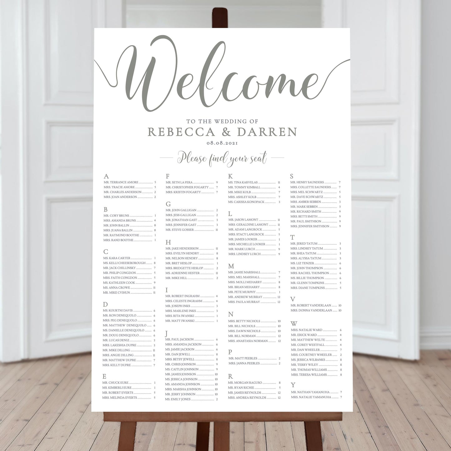 alphabetical seating chart template 190 guests