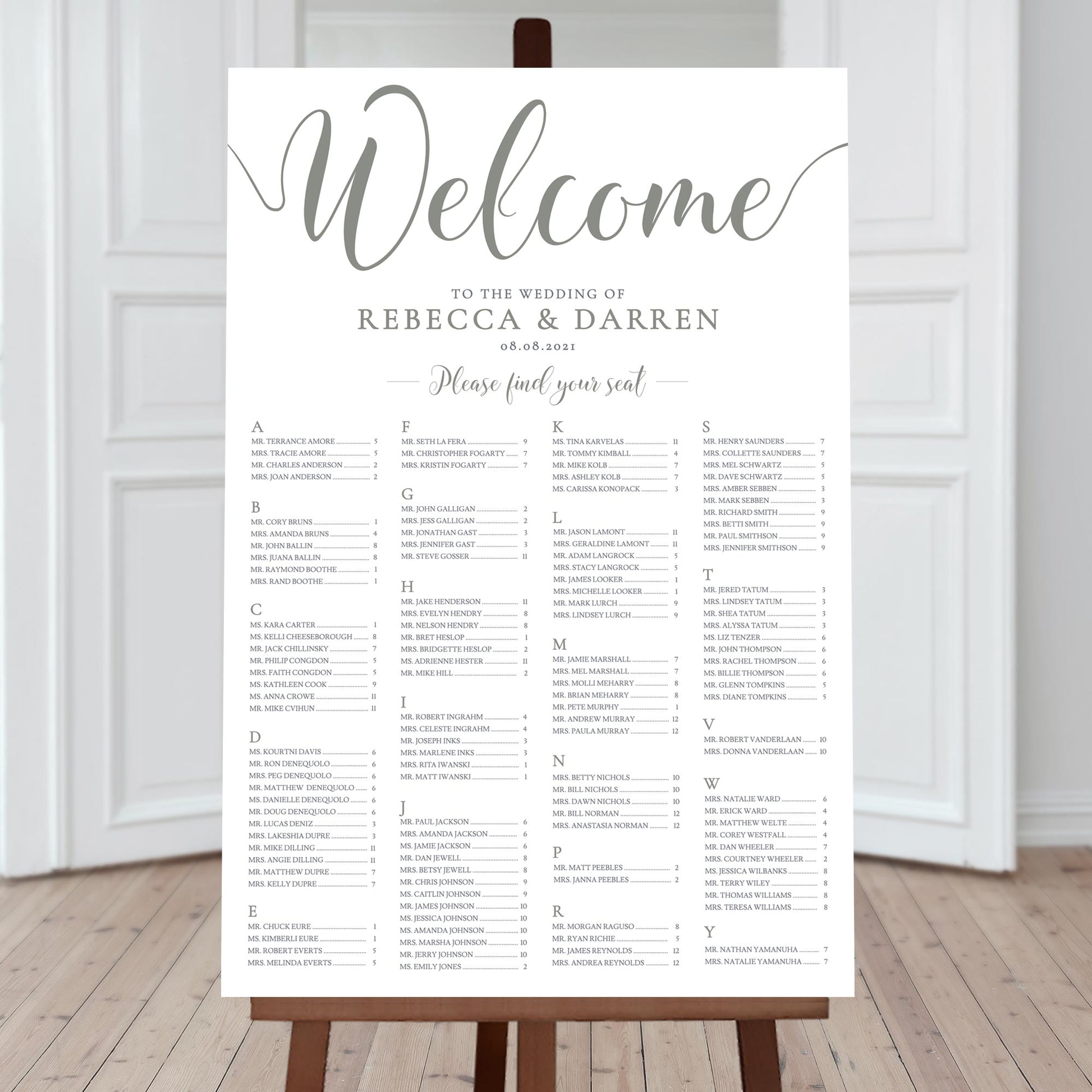 alphabetical seating chart template 190 guests