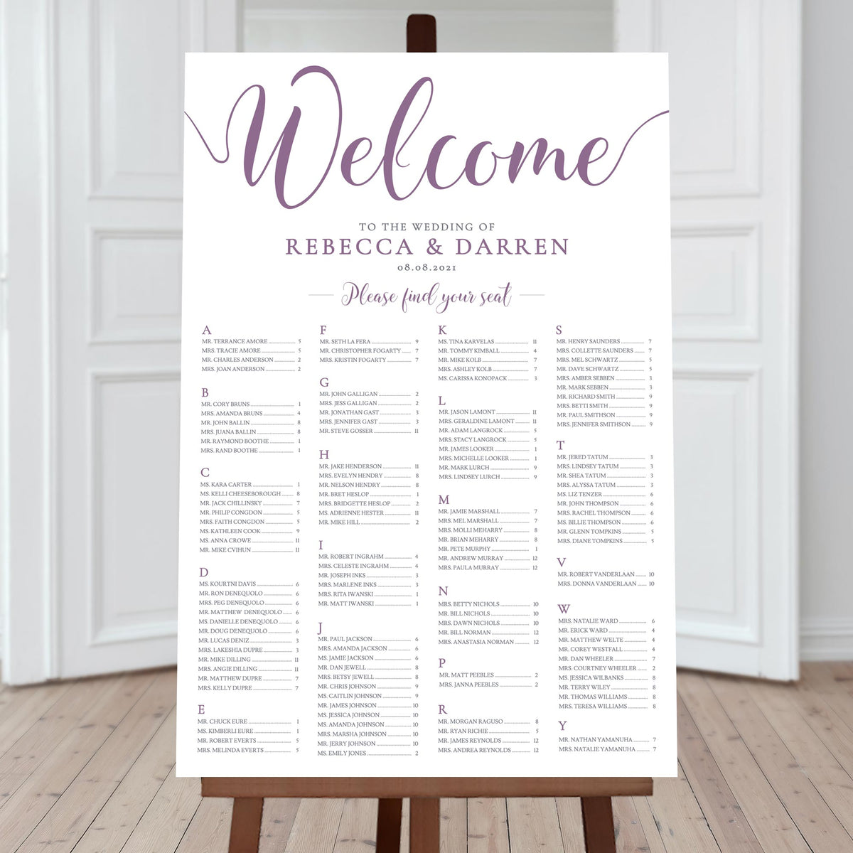 alphabetical seating chart with 4-columns